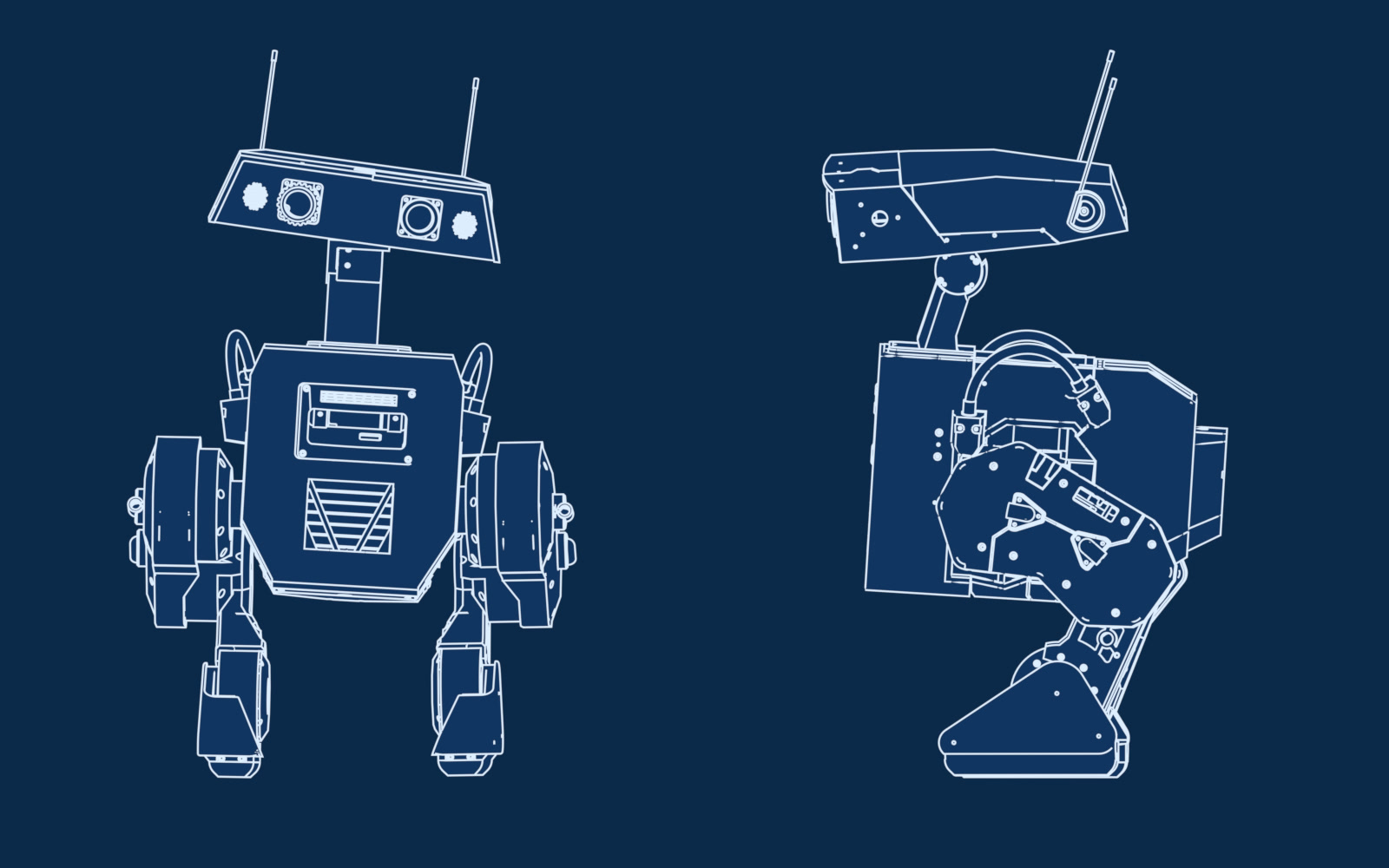 Line drawing of the droid from the front and from the side