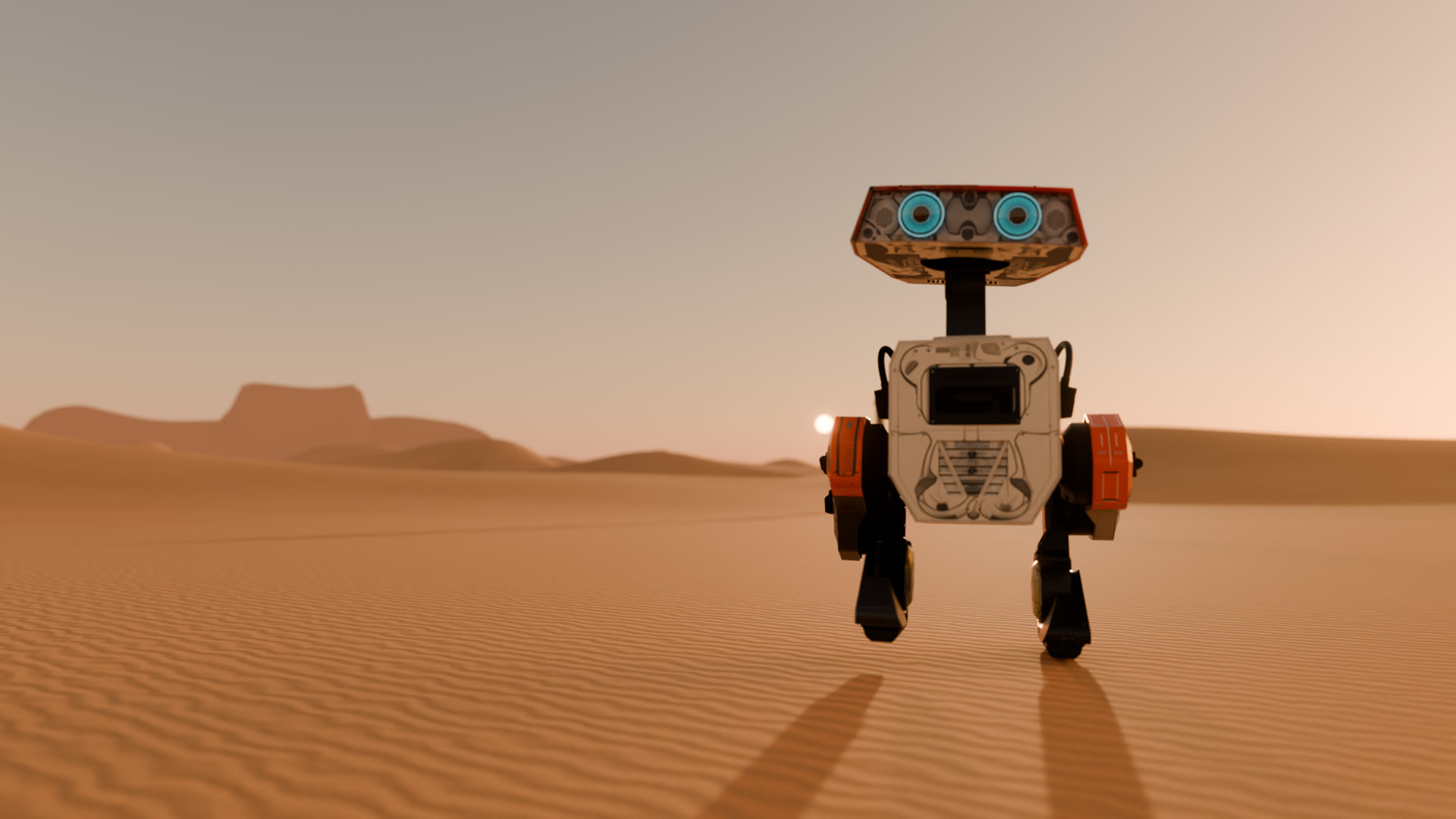 The BDX droid in white and orange-red armour walks toward the camera across desert dunes under two low suns